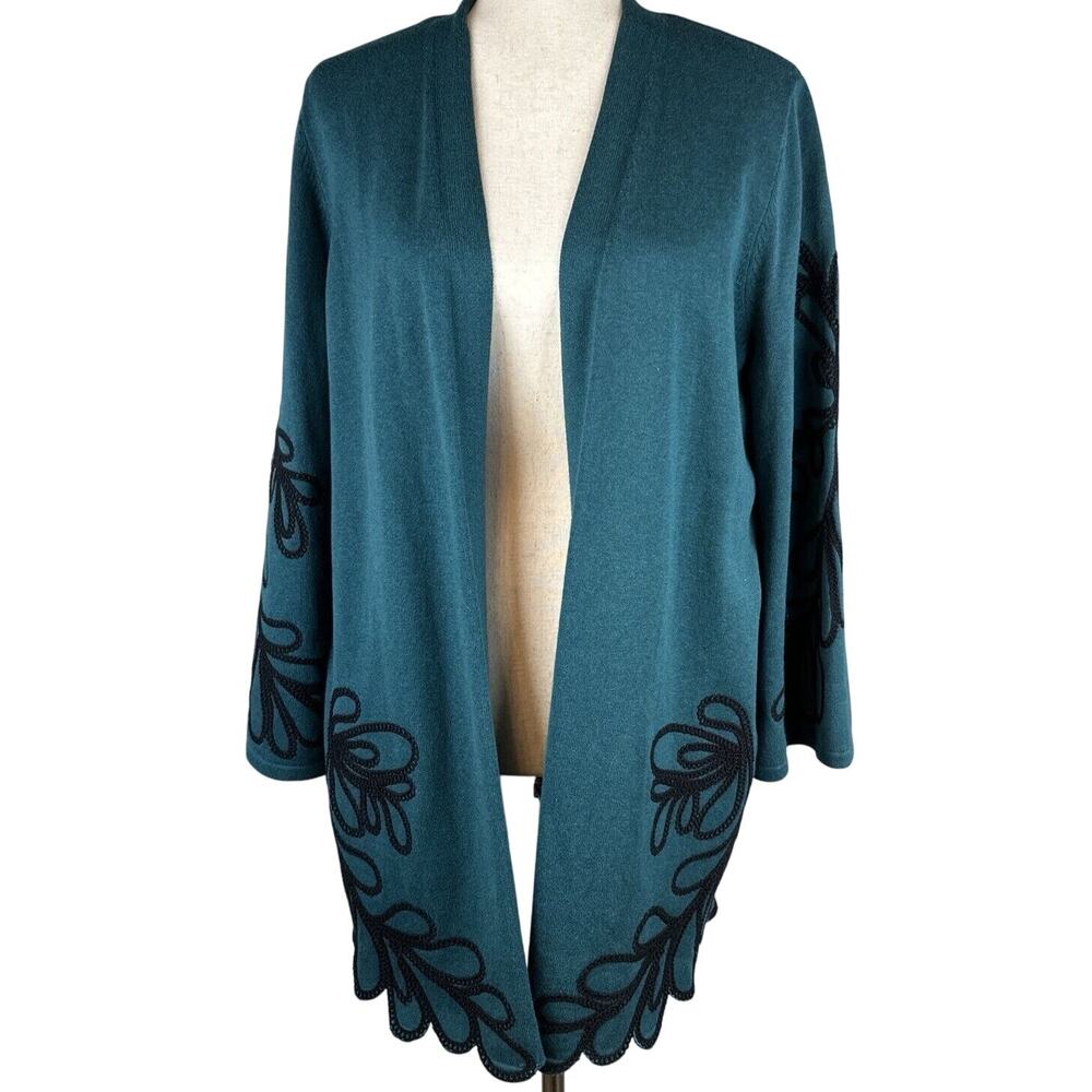 Chico's Soutache Open Front Cardigan Sweater Size 2 L Peacock Teal Cotton NWT